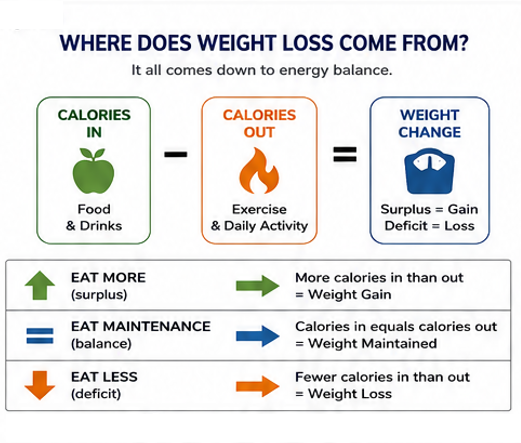 Where Weight Gain Comes From: Diagram showing how excess calories can be stored as body fat, with changes in muscle, water, and glycogen also affecting body weight.