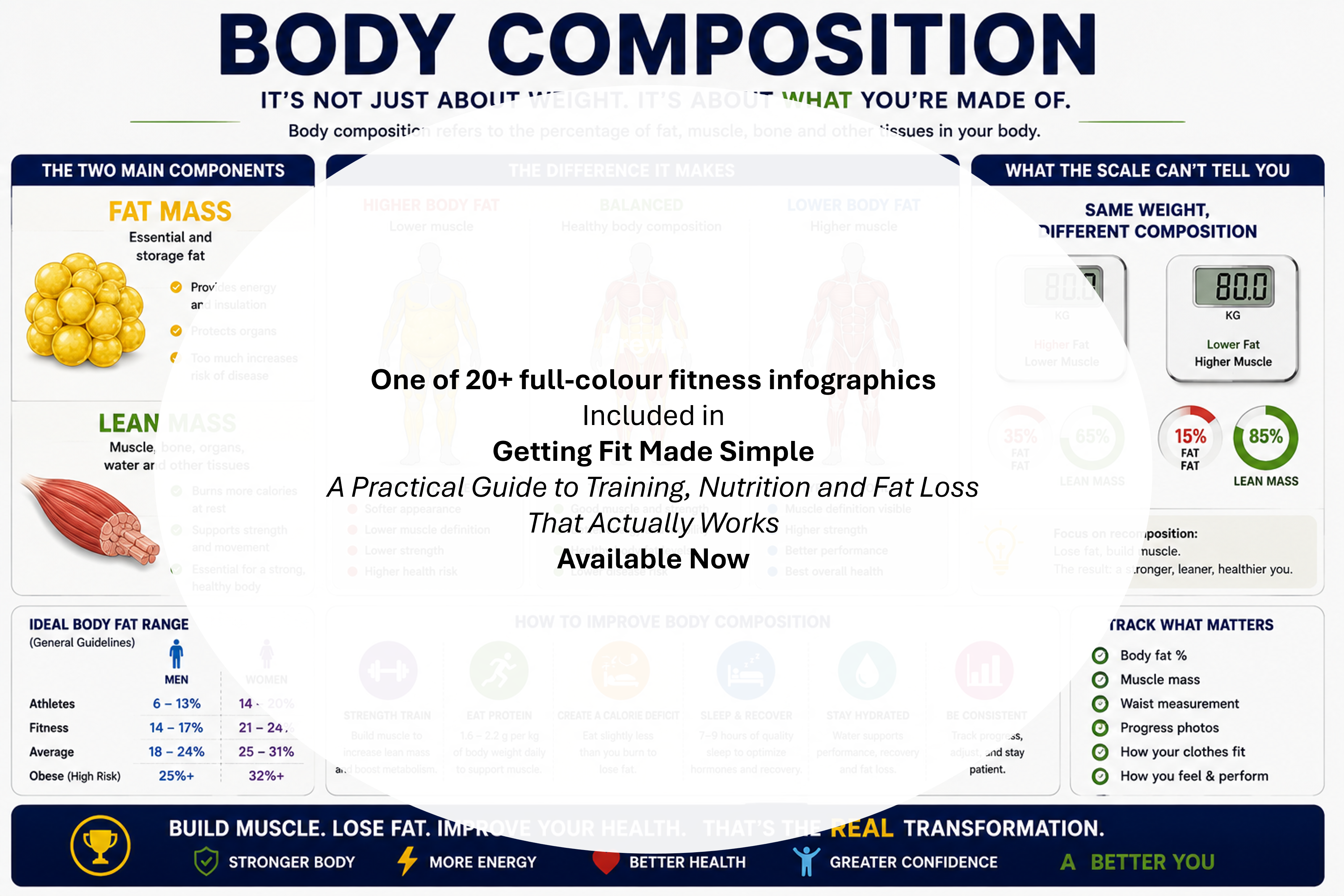 Body Composition diagram showing muscle, body fat, water, and other components of body weight.